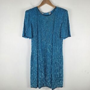Vintage 80s 90s Laurence Kazar Silk Sequin Beaded Soutache Mini Shift Dress